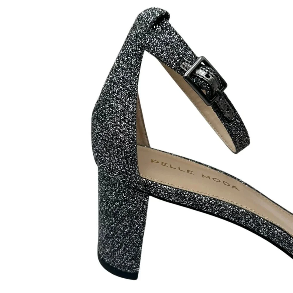 Pelle Moda Womens Monroe Sandal 8 Metallic Black Finished Block Heel Ankle Strap